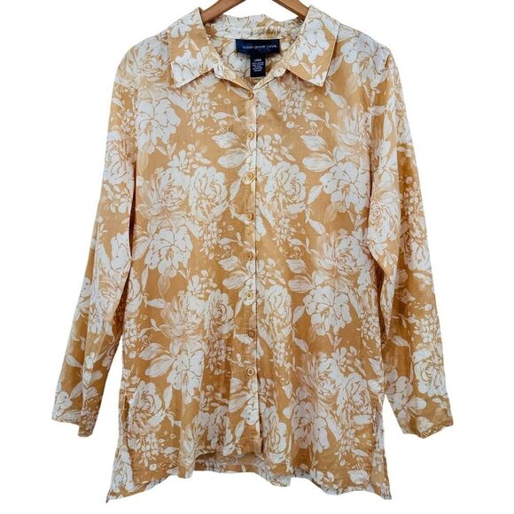 Susan Graver Style 100% Cotton Cream Floral Button Down Blouse Shirt Size Large - Picture 1 of 8